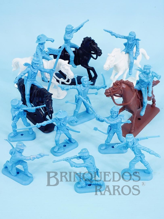 Brinquedos Antigos - Casablanca e Gulliver - Conjunto completo de 12 Soldados azul claro da Sétima Cavalaria e 5 cavalos Série Atlantic Far-West Story Ano 1987