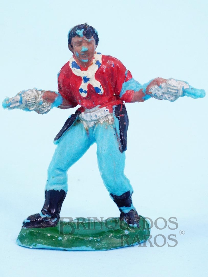 Brinquedos Antigos - Casablanca e Gulliver - Cowboy de pé com dois revolveres de plástico azul pintado Década de 1960